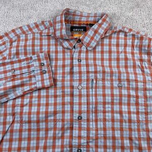 Orvis Shirt Mens Large Orange Grey Plaid Active Fit Performance River Guide